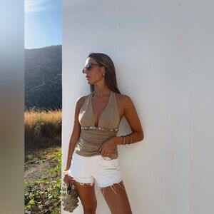 Zara NWT Bohemian Beach Resort Wear Tan V Neck Sea Shell Halter Top (Medium)